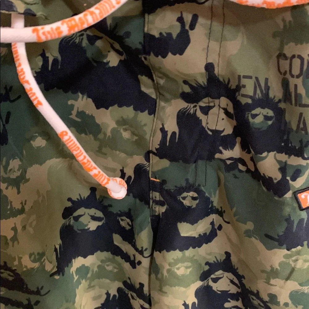 Live Mechanics Green/Blue Board Shorts with Drawstring Waist Camo Lion design.